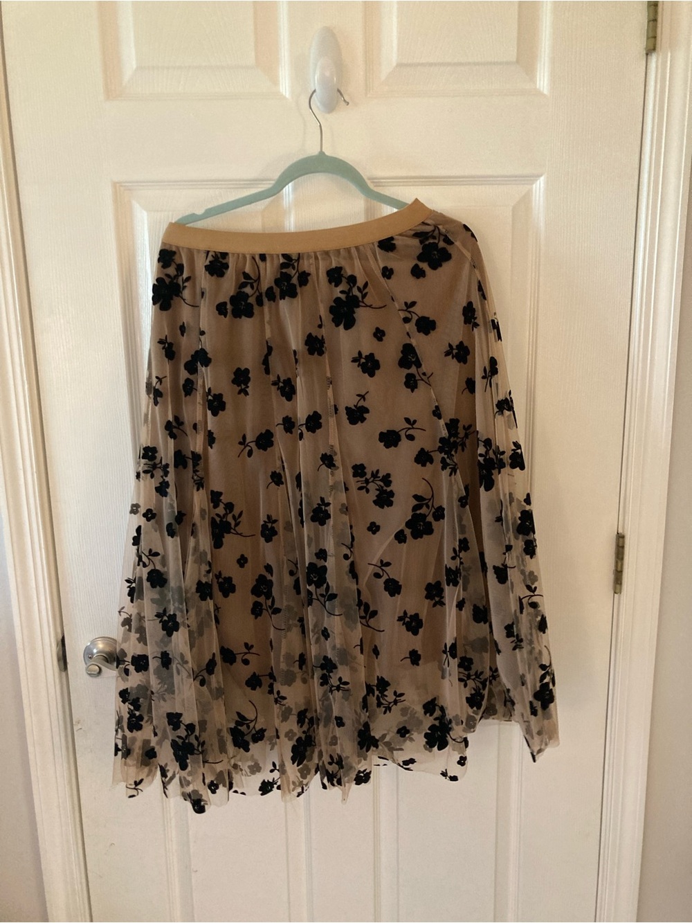 Chicwish Beige Skirt with Black Floral Mesh Overlay